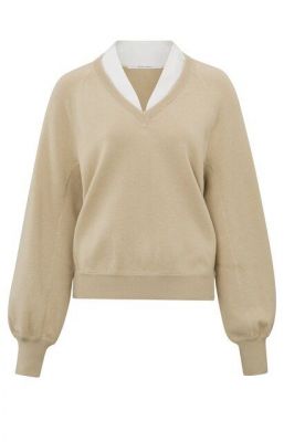 Yaya v-neck woven detail sweater l/s pepper beige