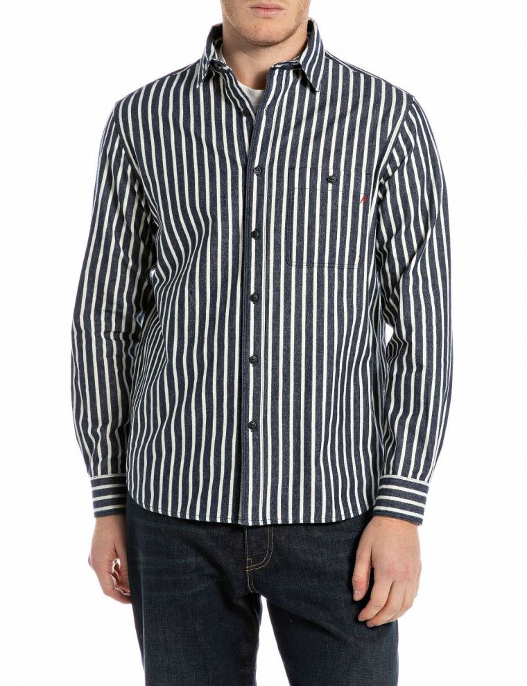Replay camicia overhemd dark blue/cream white