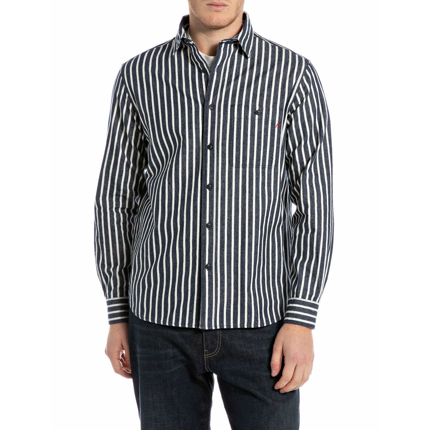 Replay camicia overhemd dark blue/cream white