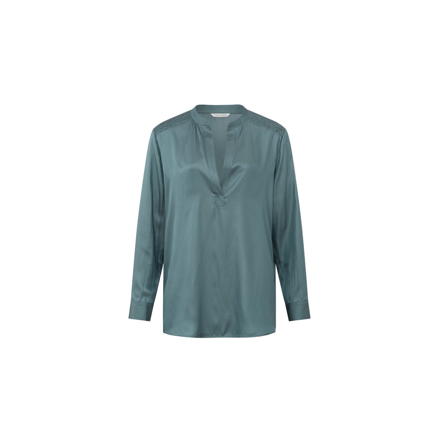 Yaya satin v-neck top with smock stormy blue