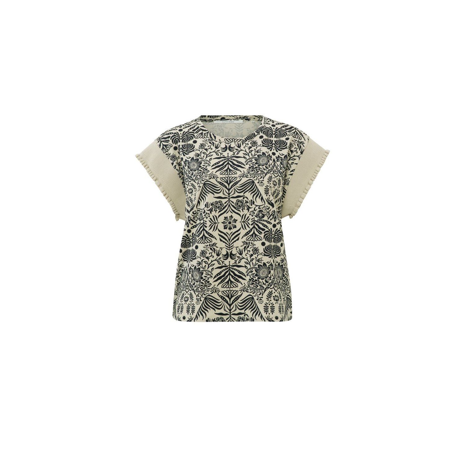 Yaya printed top with knitted sleeves stone sand