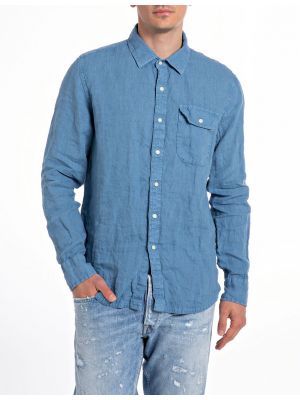 Replay M4082B linnen overhemd blauw