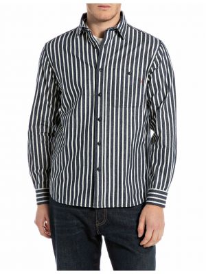 Replay camicia overhemd dark blue/cream white